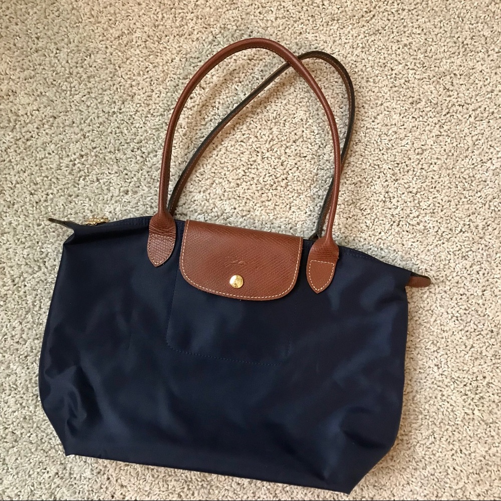 Medium Navy Blue Longchamp Le Pilage Brown Straps